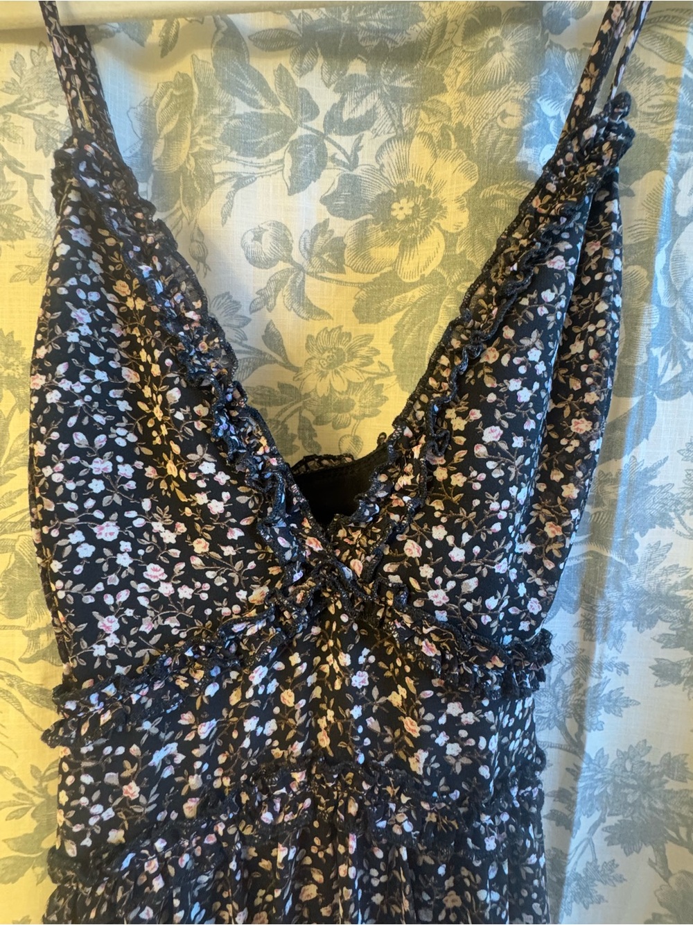 She + Sky Black Floral Ruffle V-Neck Slip Dress